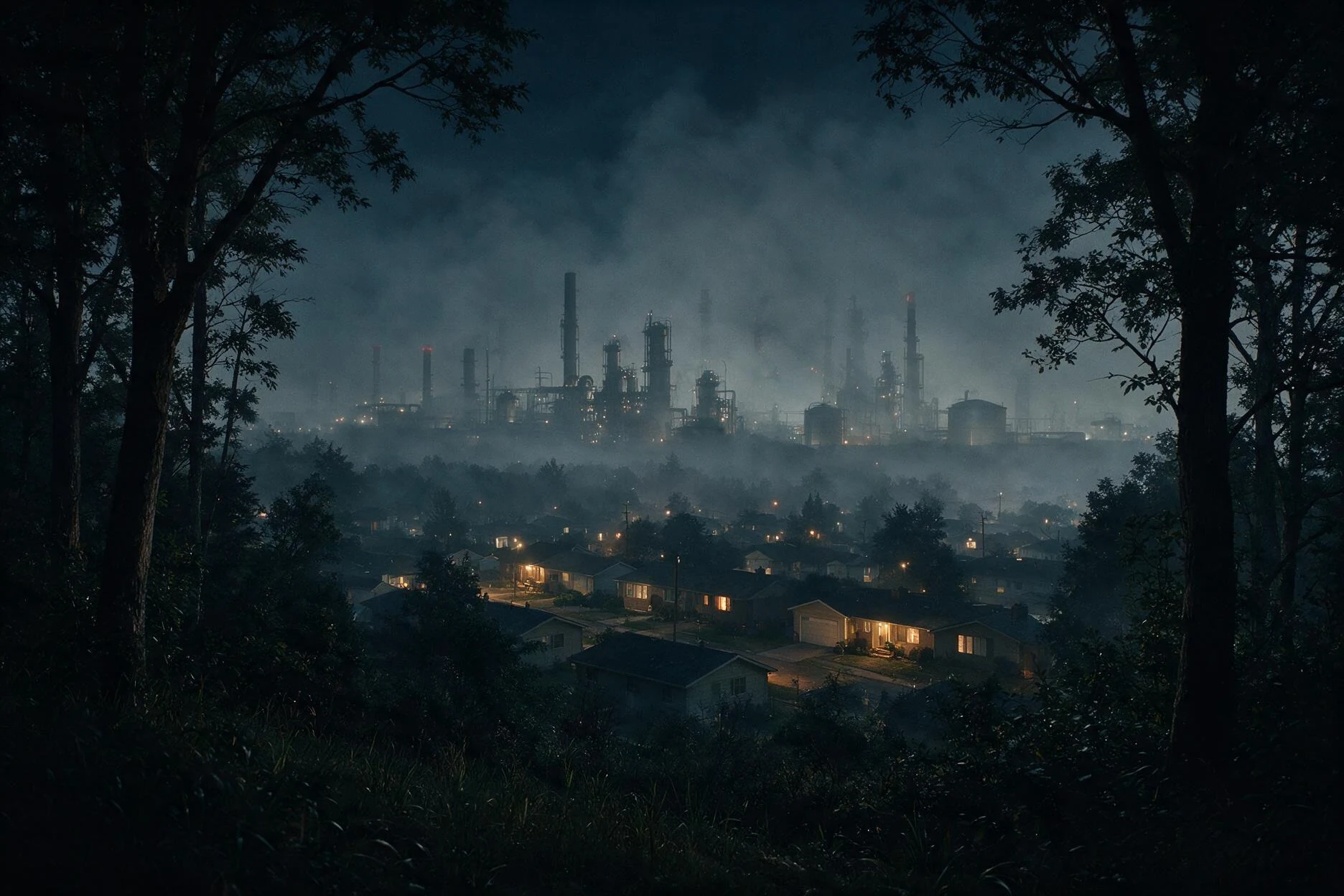 Das Industriegebiet von La Forge überragt im Nebel seine Wohnviertel