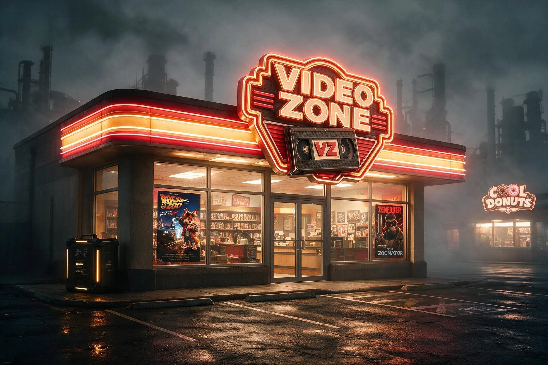 Die beleuchtete Videothek Video Zone vor den Industrieschornsteinen von La Forge