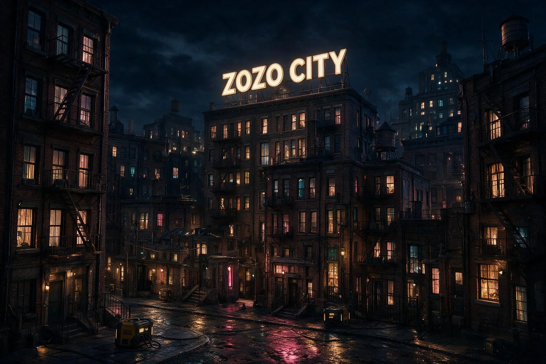 El letrero luminoso de ZOZO CITY sobre los edificios de la Gran Grieta de noche