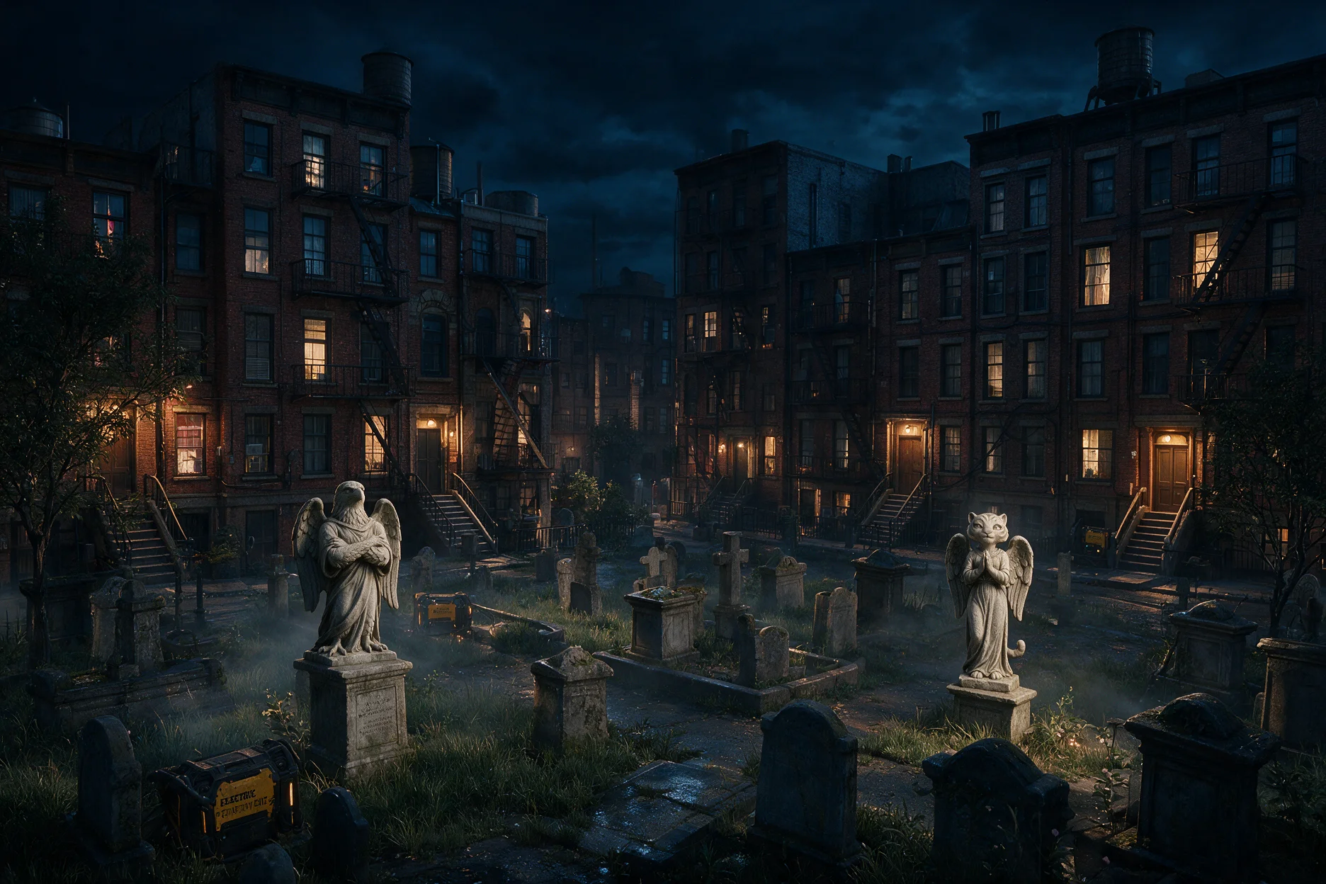Un cementerio rodeado de edificios, con estatuas y lápidas en la Gran Grieta