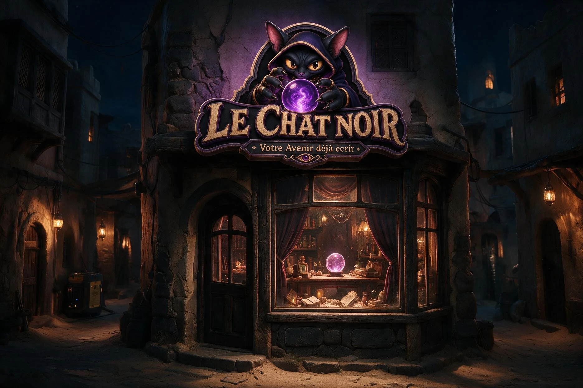 Le Sanctuaire에서 보라색으로 빛나는 점술 가게 Le Chat Noir