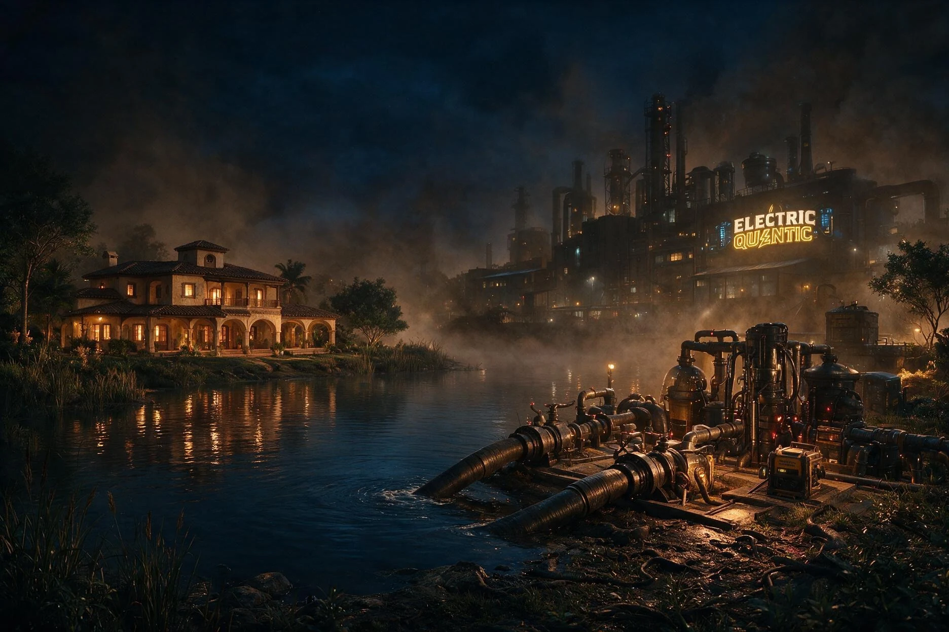 물가에 있는 Electric Quantic 단지와 배관
